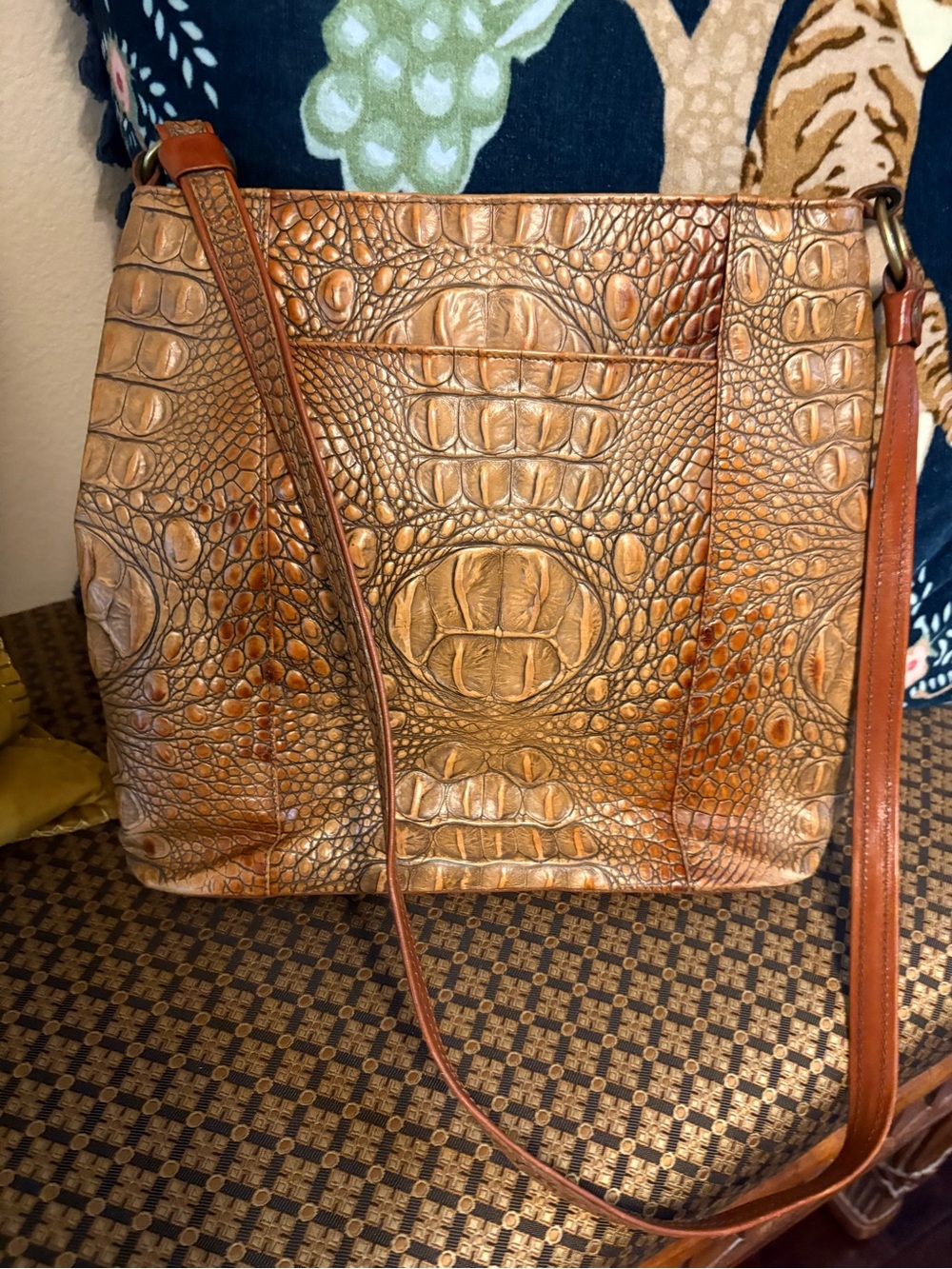 Brahmin Crocodile-Embossed Leather Crossbody in Cognac Brown